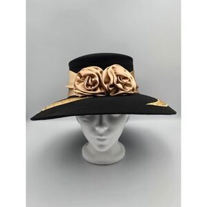 GOSPEL Womens Church Hat Black Gold Rosette Wide Brim Dress Wedding, elegant